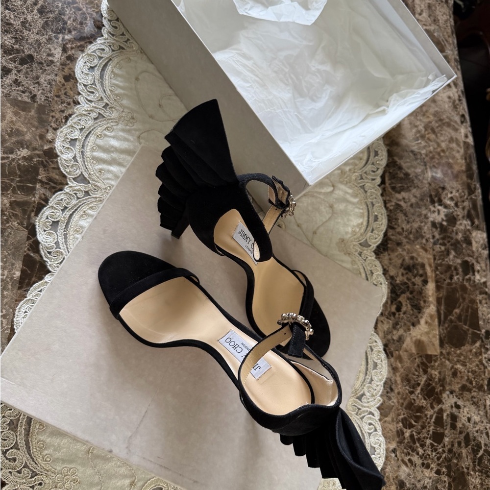 Jimmy Choo Black Suede Wingback Ankle-Strap Heels - Picture 9 of 15